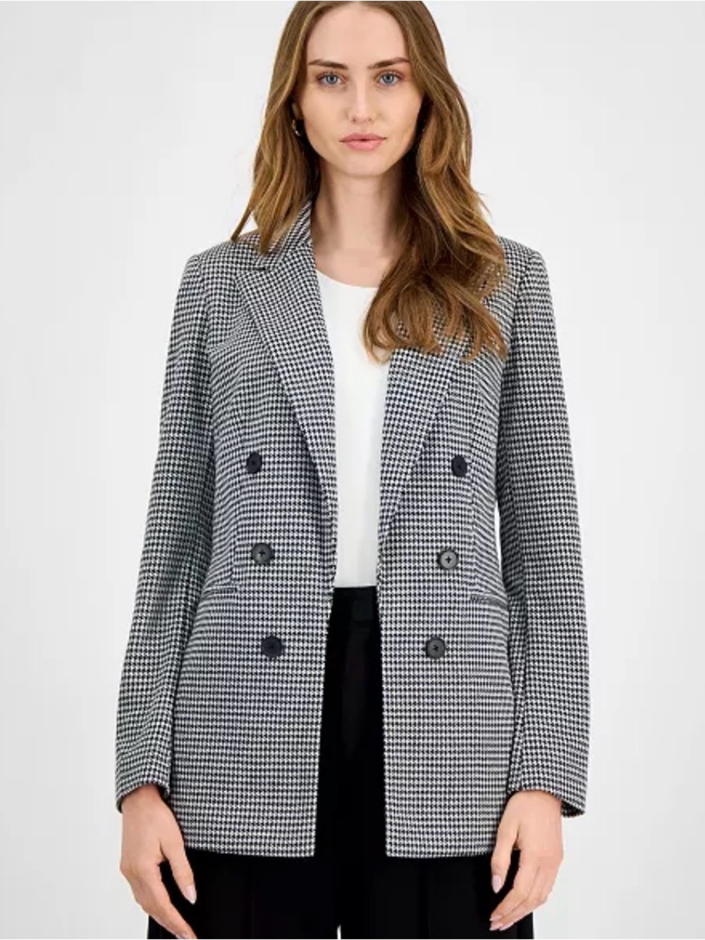 Bar III Black and White Houndstooth Double-Breasted Blazer
